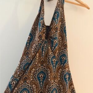 Paisley Print Halter Top in Teal and Brown with Beaded Accent